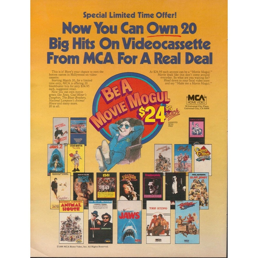MCA Home Video Movie Mogul 20 Big Hits VHS Videocassette Vintage Print Ad 1986